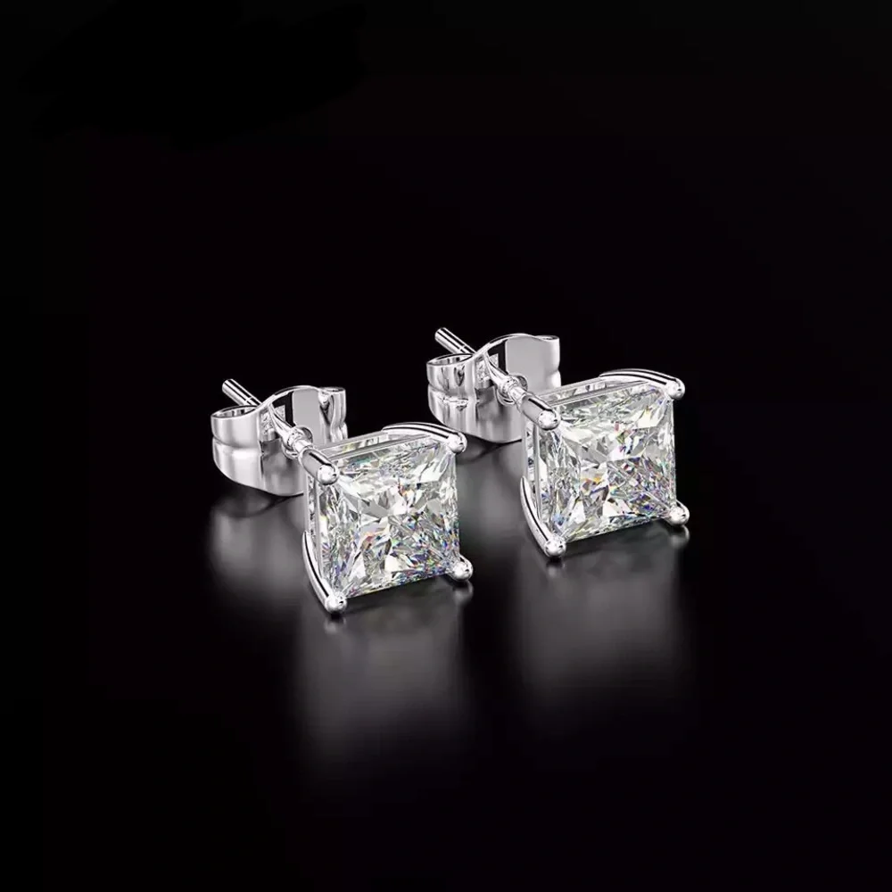 4-7mm Square Cut VVS Diamond 925 Silver Pin Studs